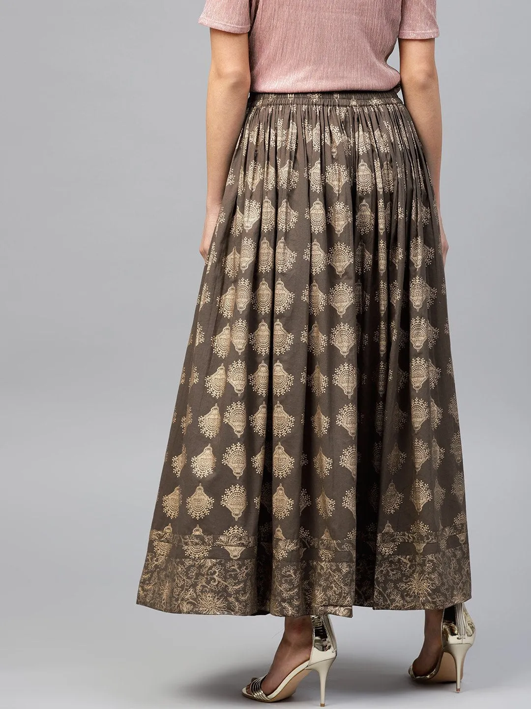 Mud Brown Printed Flared Ankle Length Skirt