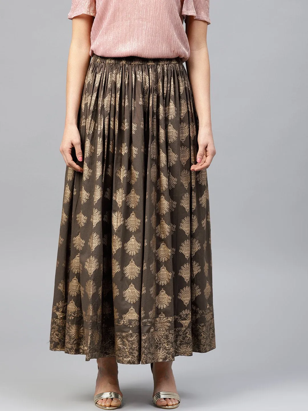 Mud Brown Printed Flared Ankle Length Skirt