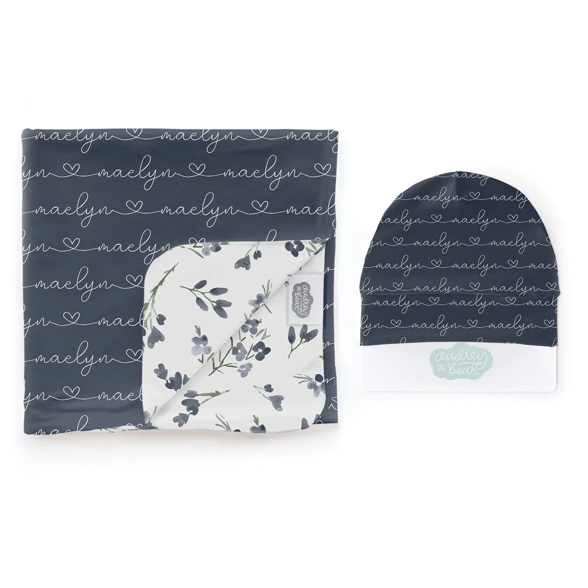 Personalized  Swaddle & Hat Set | Blueberry Blossoms