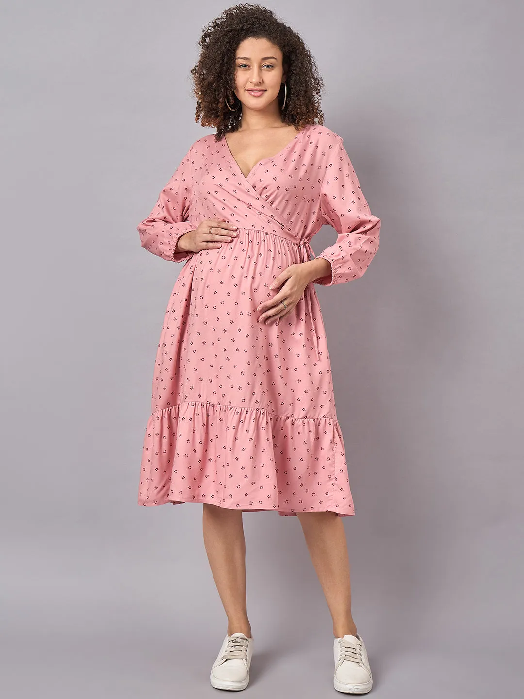 Pink Floral Printed Maternity and Nursing Dress with Side Wrap