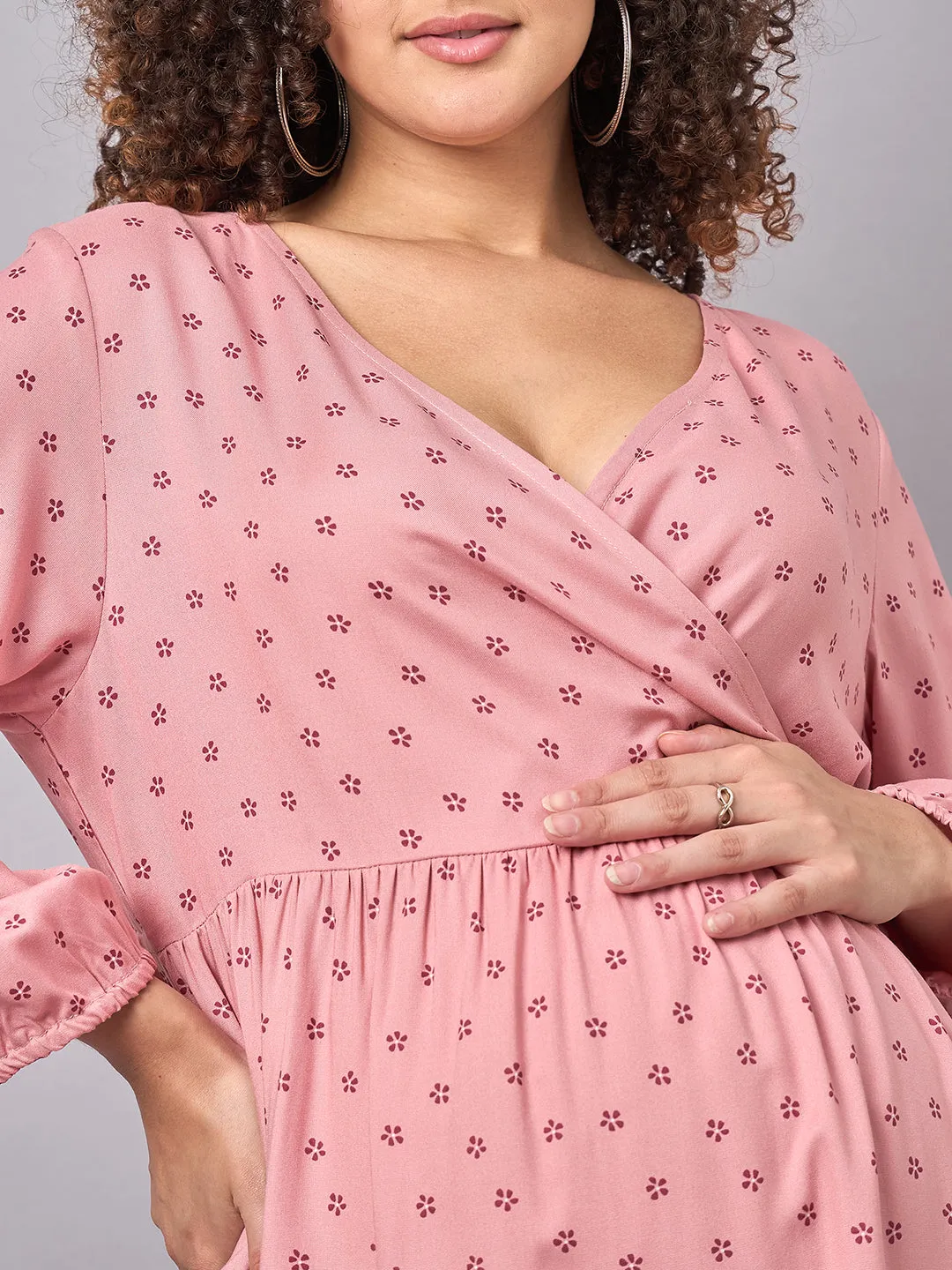 Pink Floral Printed Maternity and Nursing Dress with Side Wrap