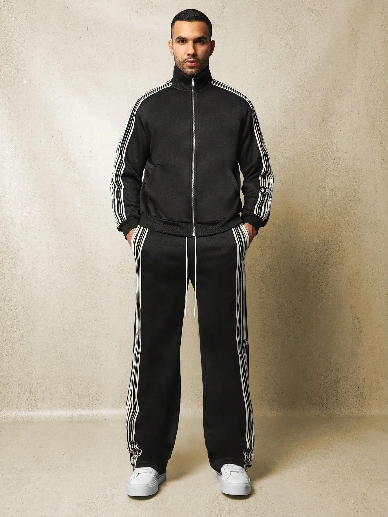 Regular Fit Zip-Up Funnel Neck Track Jacket And Drop Crotch Wide Leg Fit Sweatpants With Side Tape 2 Piece Set