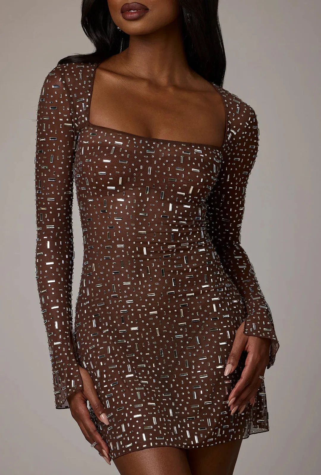 SHEER EMBELLISHED LONG SLEEVE GLAMOUR DRESS