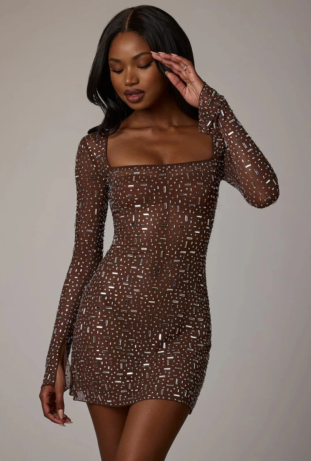 SHEER EMBELLISHED LONG SLEEVE GLAMOUR DRESS