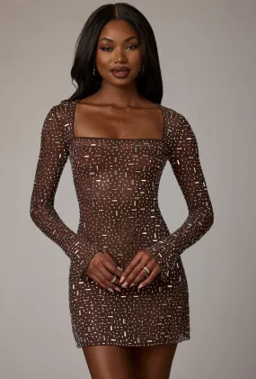 SHEER EMBELLISHED LONG SLEEVE GLAMOUR DRESS