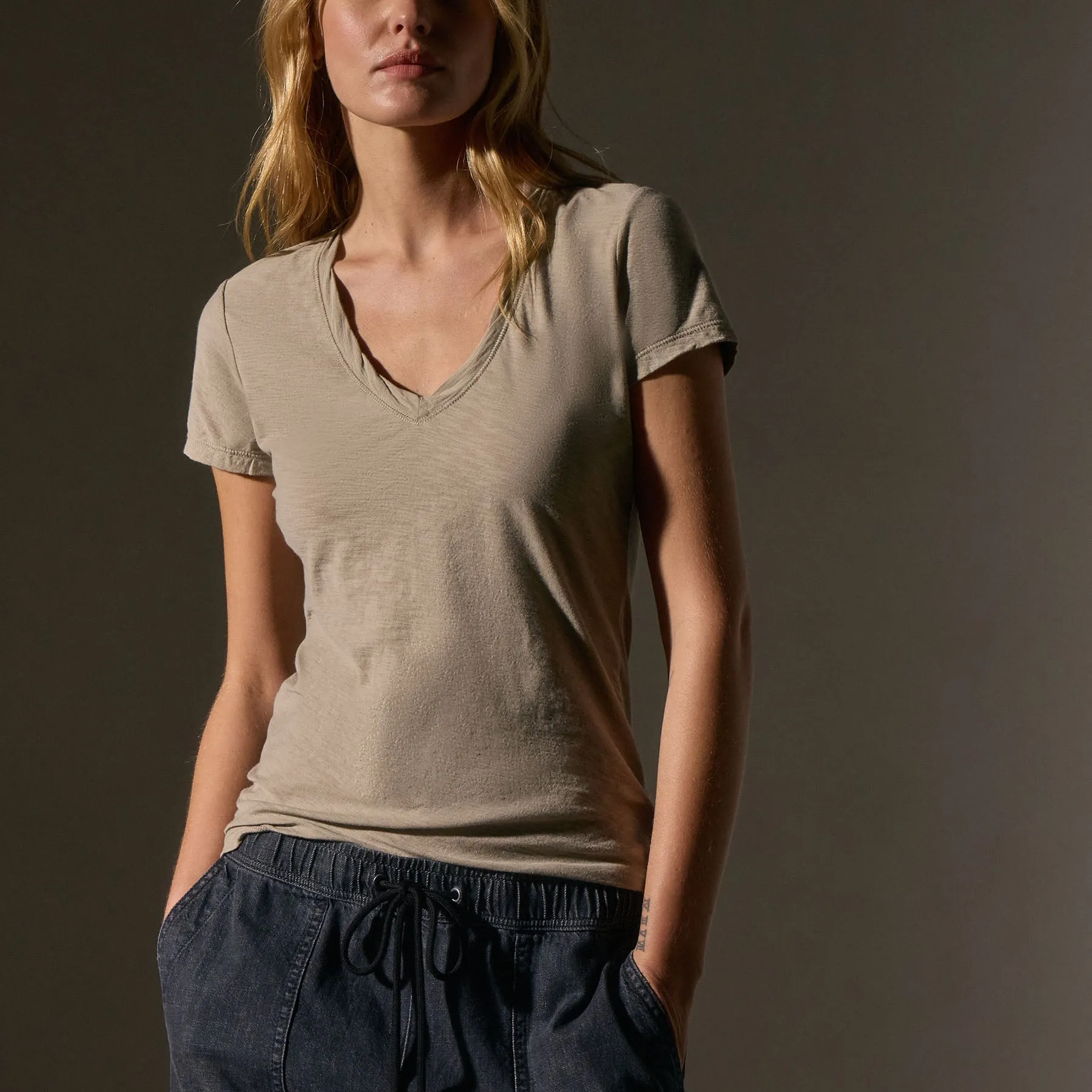 Sheer Slub Casual V Neck - Overcast