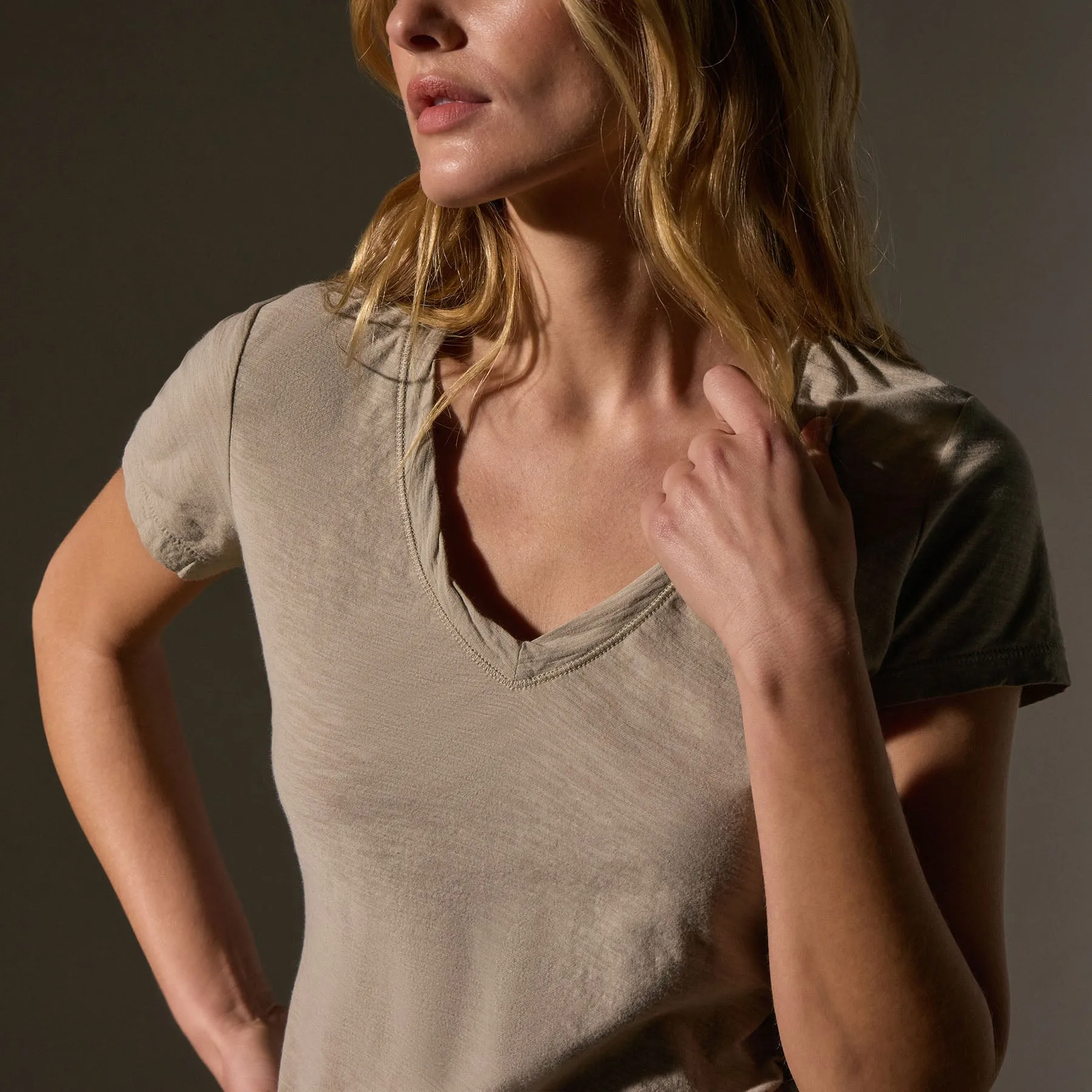 Sheer Slub Casual V Neck - Overcast