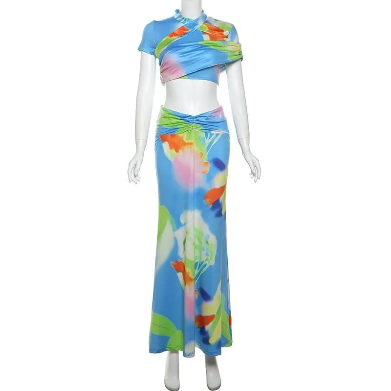 Short sleeve ruched contrast print maxi skirt set