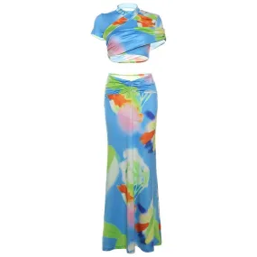 Short sleeve ruched contrast print maxi skirt set