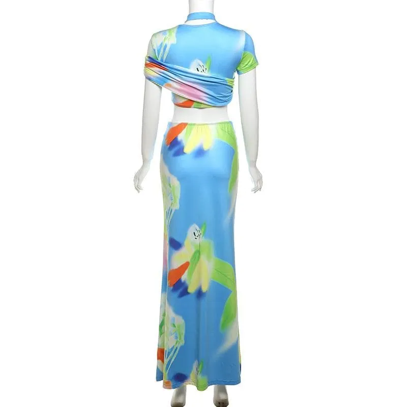 Short sleeve ruched contrast print maxi skirt set