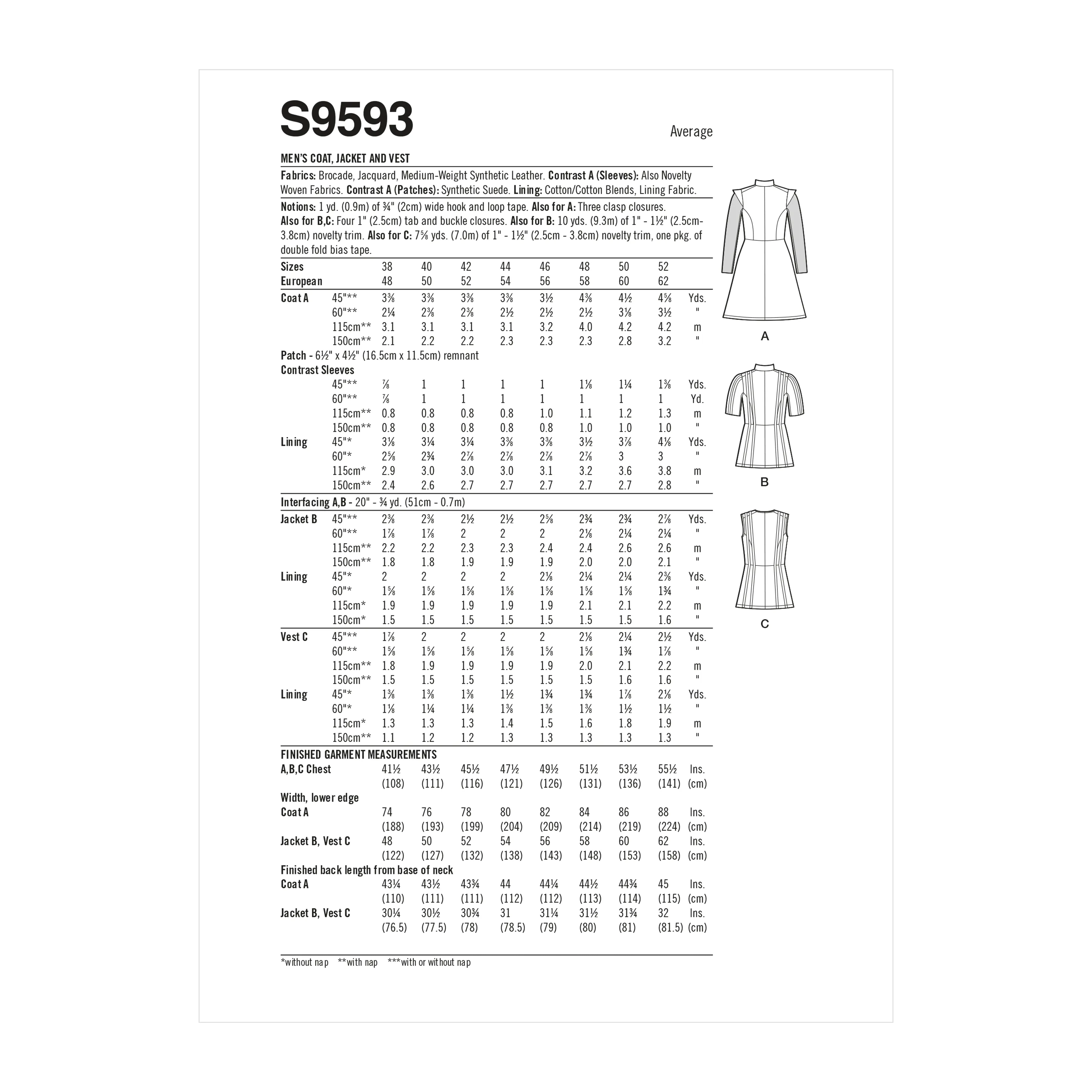 Simplicity Pattern SS9593 Men's Coat, Jacket and Vest