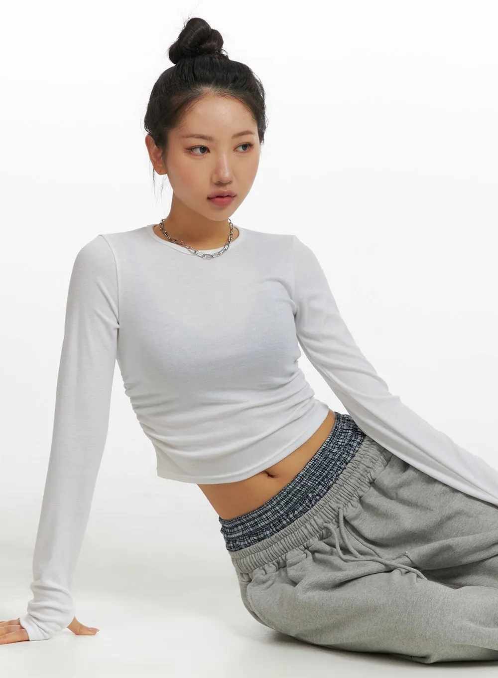 Solid Long Sleeve Crop Top CM408