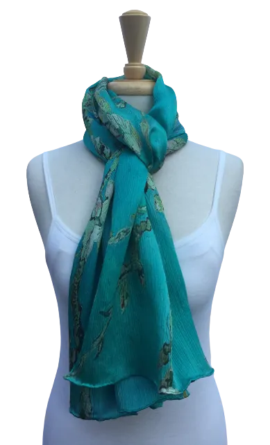 SPFA-21 - Teal scarf with print of Van Gogh cherry blossom branches