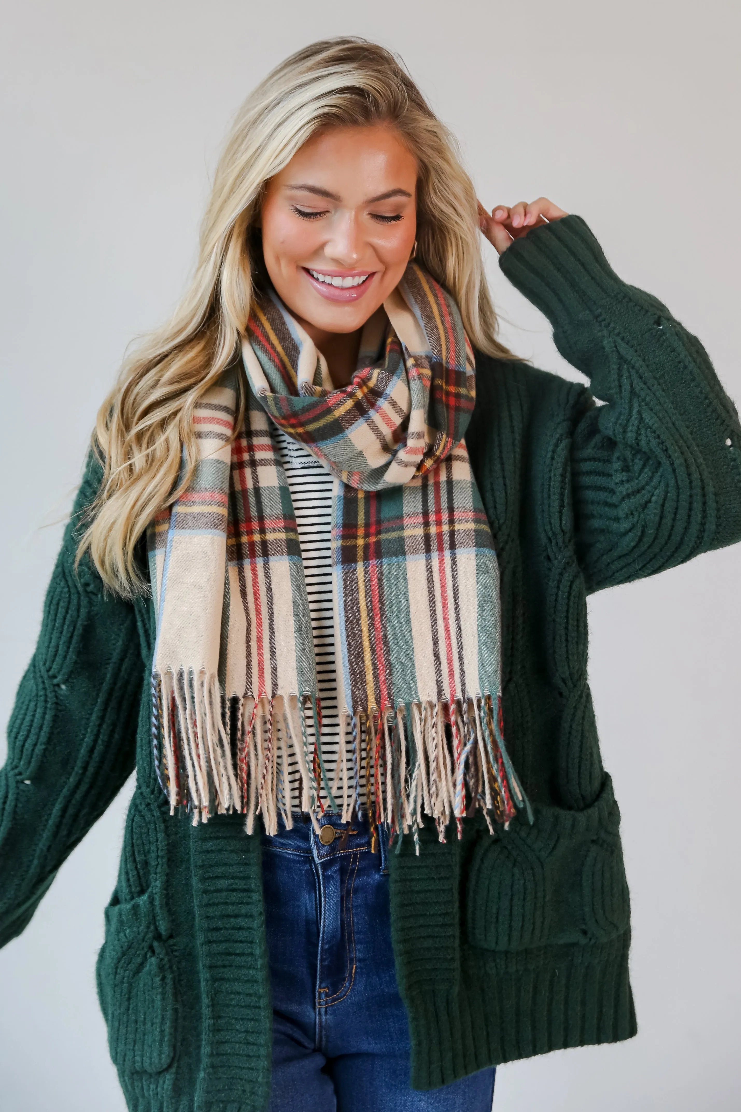 Sweet And Cozy Plaid Fringe Scarf