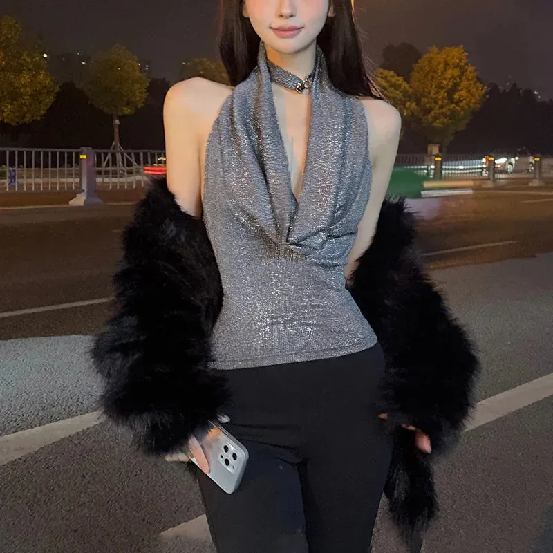 Territory 2024 Spring New Grey Simple Loose Casual All-match Fashionable High Street Sexy Mature Beautiful Sweet Women Halter Vest