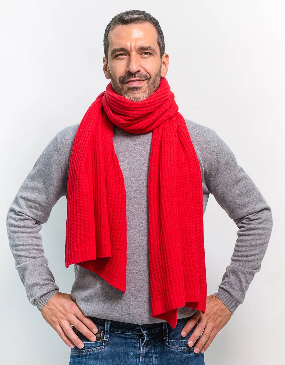 Thick Ribbed Cashmere Scarf in Red