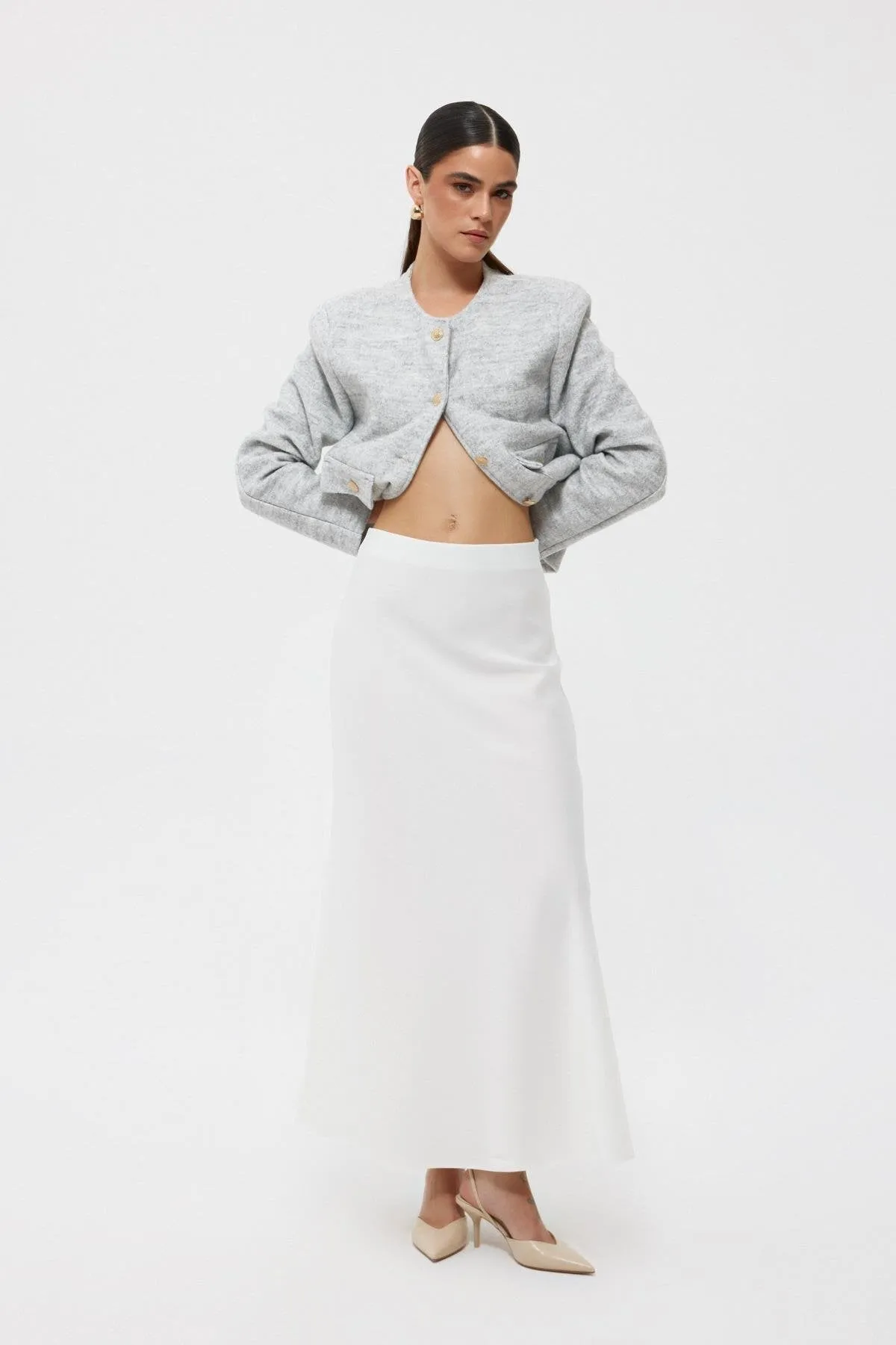 White Elastic Waist Bell Satin Skirt