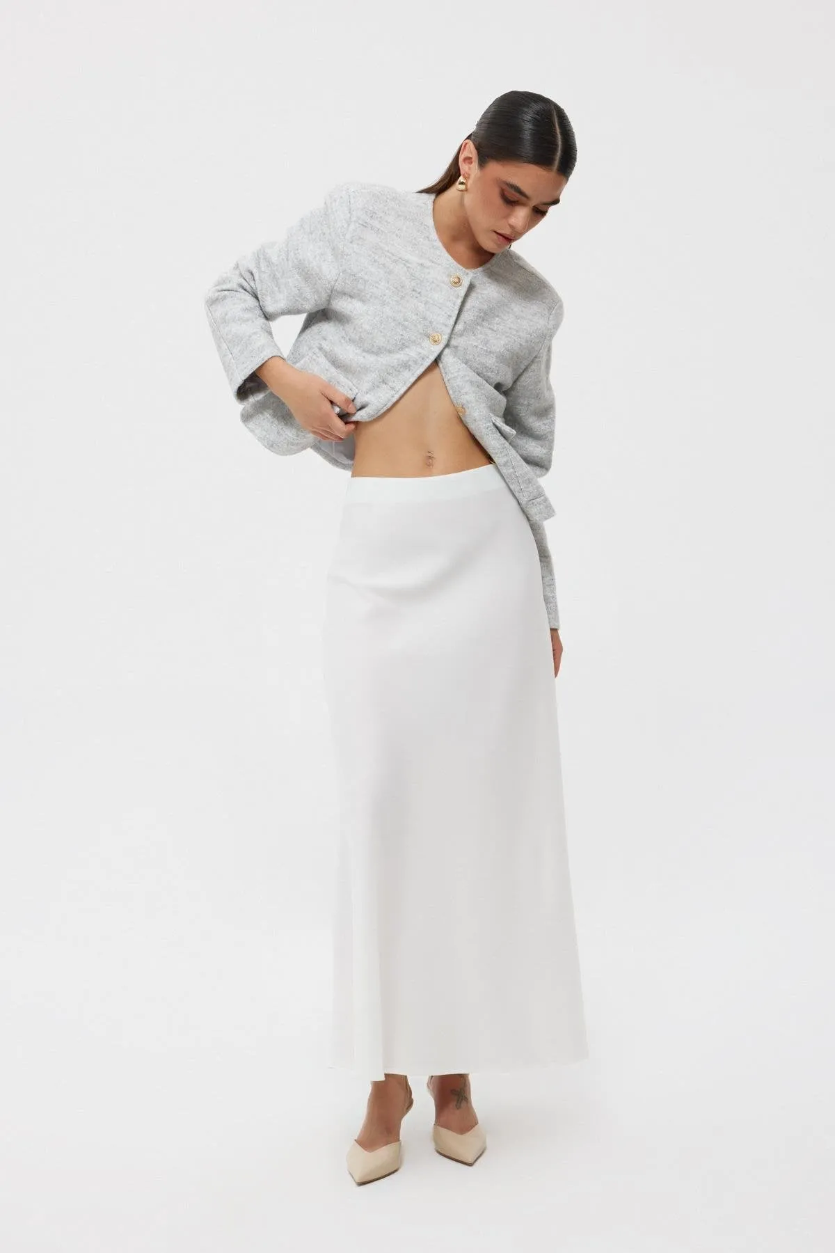 White Elastic Waist Bell Satin Skirt