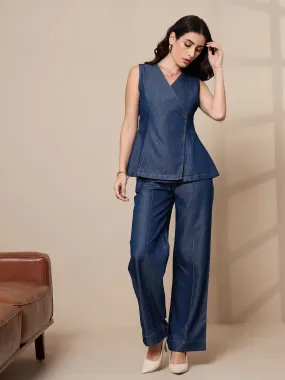 Women Blue Tencel Vest Top With Pants