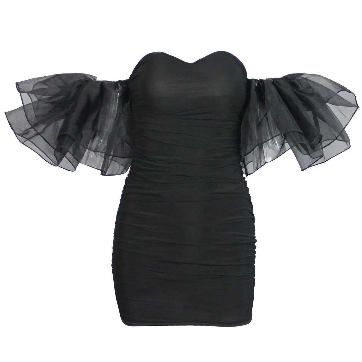 women's fashion  sexy nightclub style pleated bubble sleeve group women's mesh dress