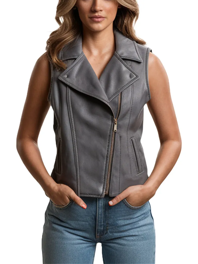 Women's Gray Sleeveless Biker Leather Vest with Zipper Closure