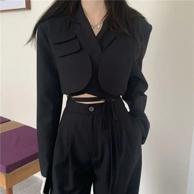 Yeknu 2-Piece Set Fashion Women Crop Blazer Jacket  Trousers Suits Wide Leg Pants Outfit