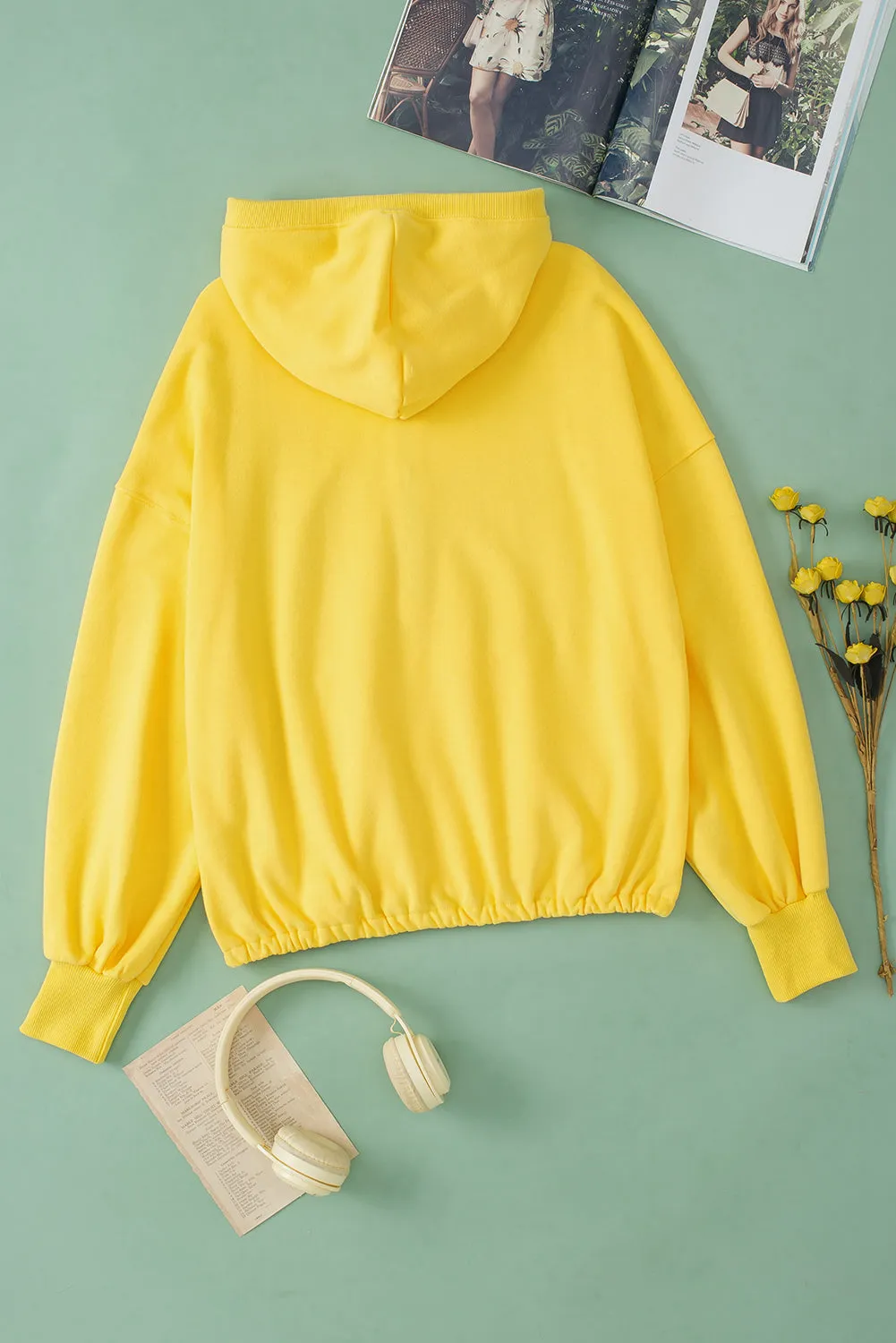 Yellow Solid Color Half Zip Pullover Hoodie with Kangaroo Pocket