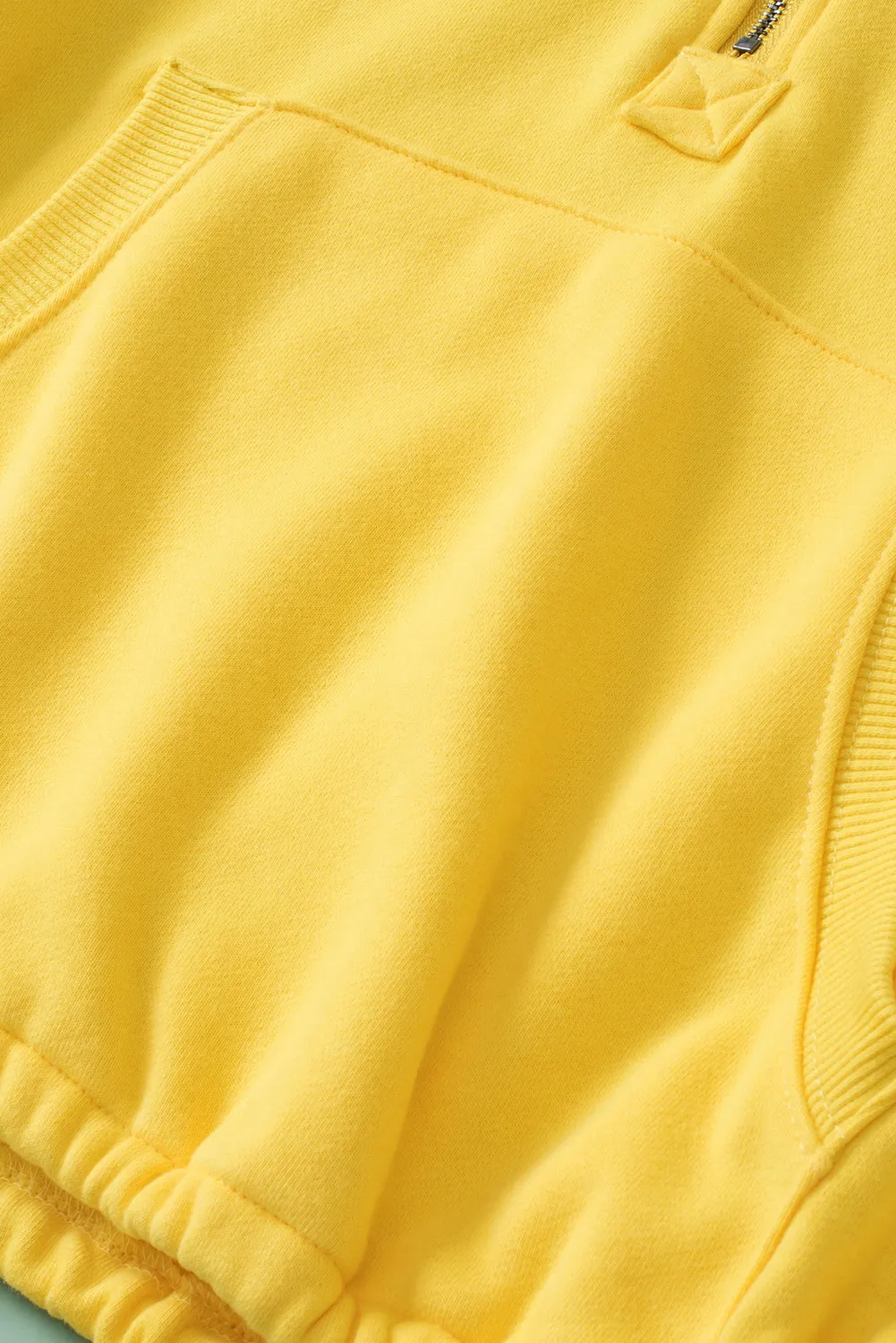 Yellow Solid Color Half Zip Pullover Hoodie with Kangaroo Pocket