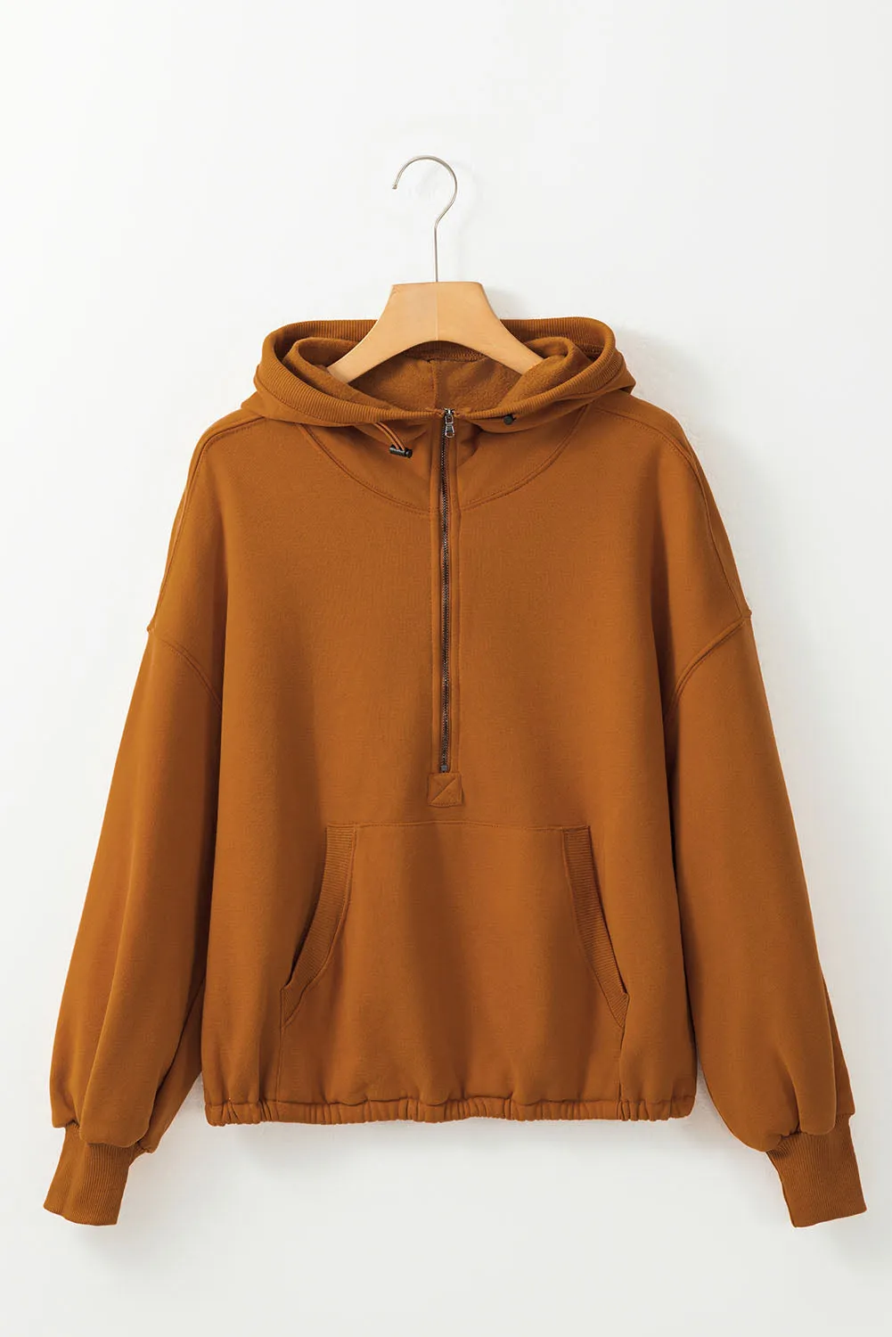 Yellow Solid Color Half Zip Pullover Hoodie with Kangaroo Pocket